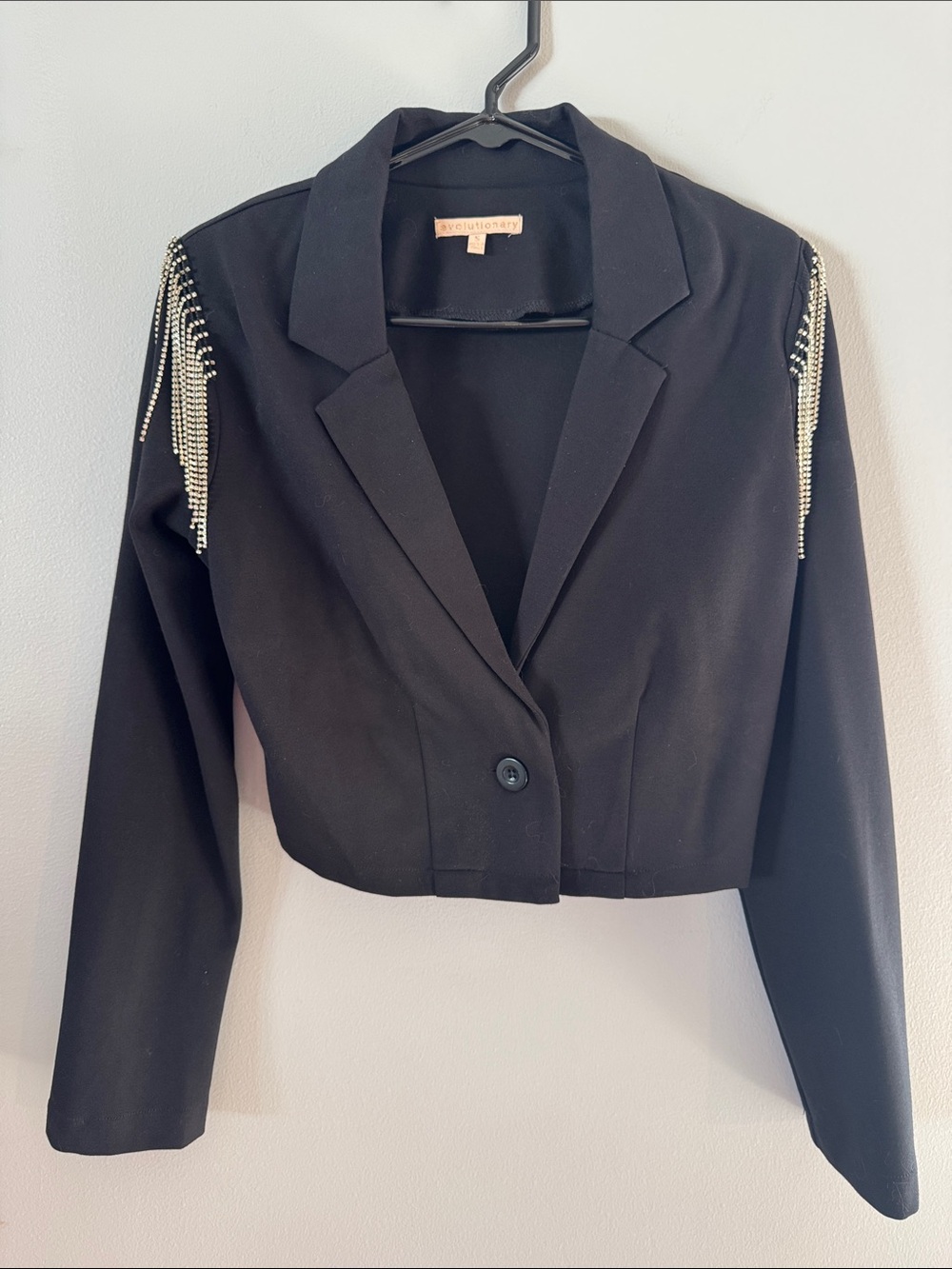 Black Cropped Blazer with Rhinestone Shoulder Tassels S